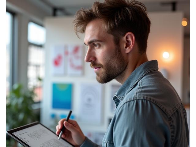 Portrait of a creative UI/UX designer, a man with a pen and sketchpad, in a vibrant design studio setting.