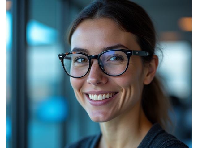 Portrait of a smiling senior software engineer, a woman with glasses, looking directly at the camera in a modern tech office.