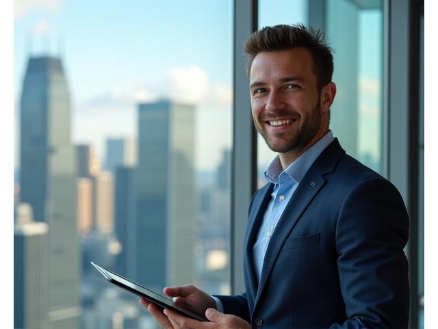 Portrait of a confident project manager, an entrepreneur with a tablet, overlooking a city skyline.