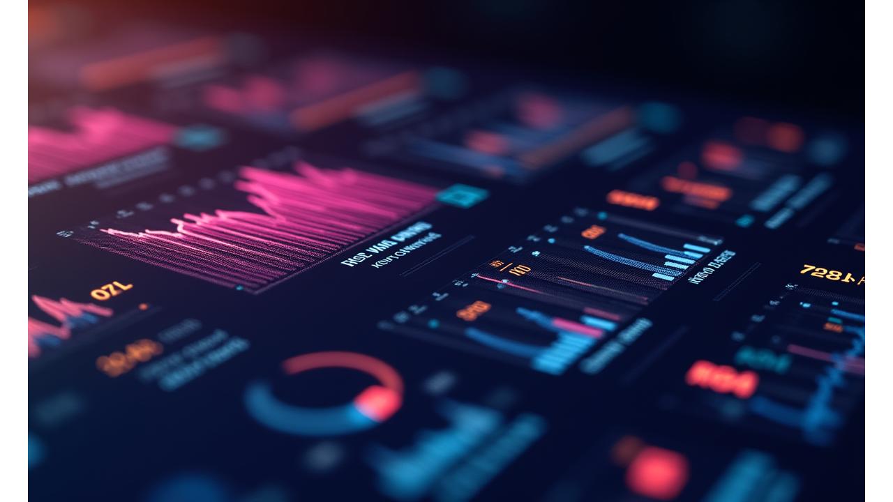 Interactive holographic dashboard displaying success metrics with glowing graphs and data points.