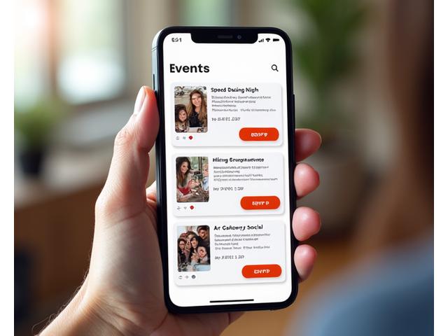 Mobile app screen showing a calendar of local dating events and RSVP options