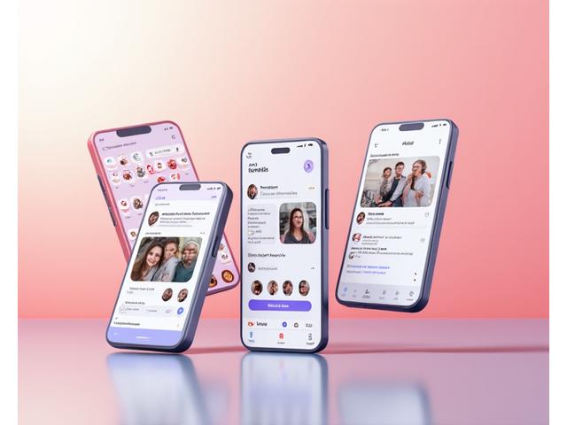 Mobile phones displaying vibrant social feeds and group interactions