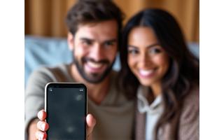 Smartphone showing a video call between two happy people