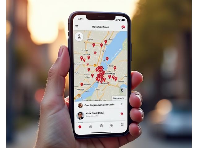 Mobile dating app UI with an interactive map showing local users and events, emphasizing community connections