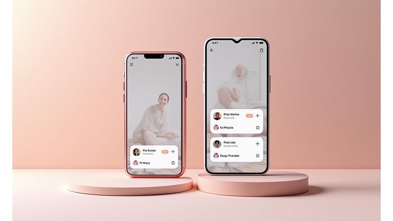 Side-by-side comparison of a dating app running seamlessly on iOS and Android devices, demonstrating cross-platform compatibility and a consistent user interface