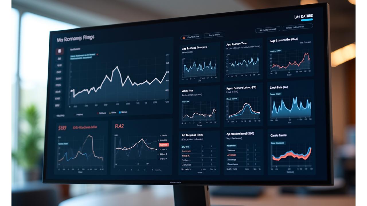 Interactive dashboard displaying key performance indicators like app startup time, swipe response, and crash rates, with green indicators for optimized performance