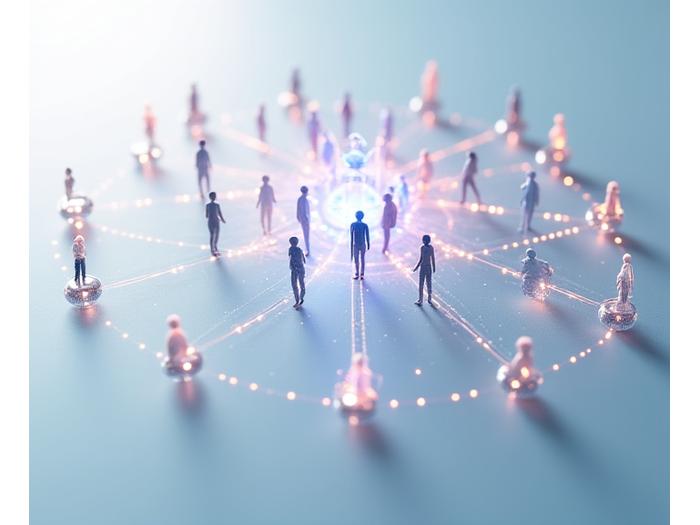 Abstract visualization of interconnected ethical data points forming a transparent framework around user icons, symbolizing trust.
