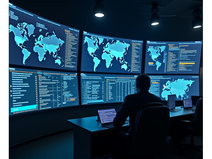Cybersecurity analysts monitoring a threat detection dashboard with real-time data visualizations.