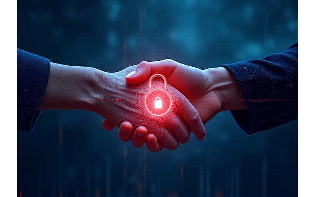 Two hands shaking over a stylized glowing padlock, representing secured intellectual property and confidentiality, with faint digital lines connecting them. Colors are from Anvil Soul's palette.