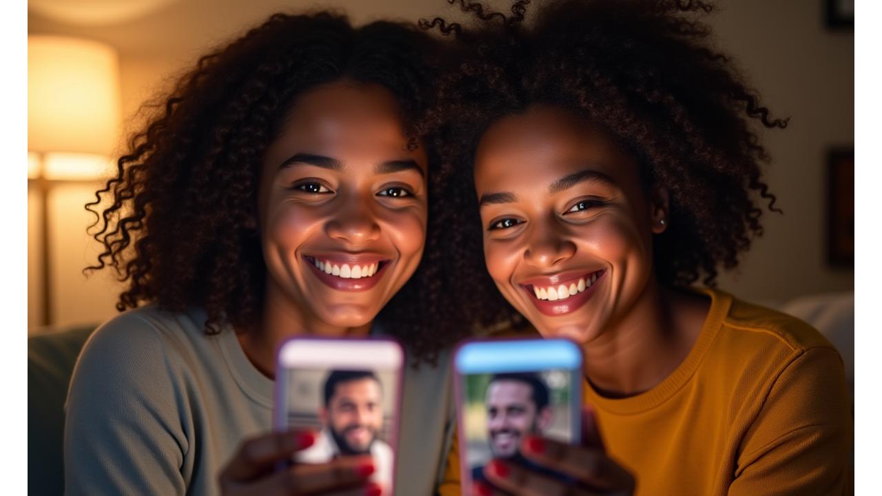 Young couple enjoying a high-definition video call on a dating app interface.