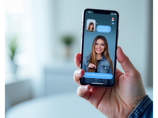 A modern smartphone displaying a dating app's video chat interface with two users conversing, overlaid on a clean background.
