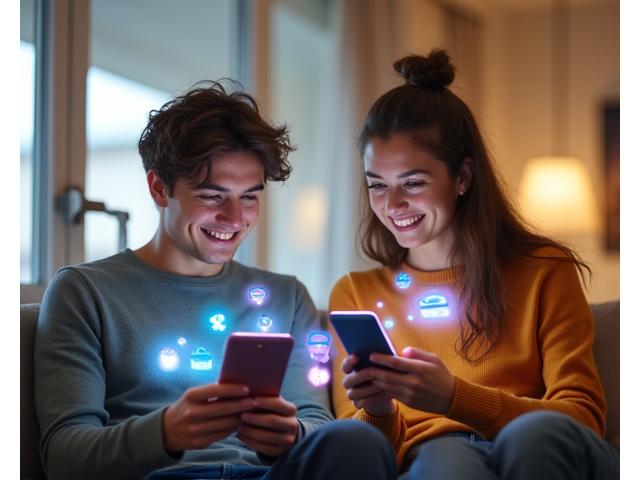 Two people on a virtual date, with augmented reality elements like virtual hats or speech bubbles visible, showcasing an engaging online dating environment.